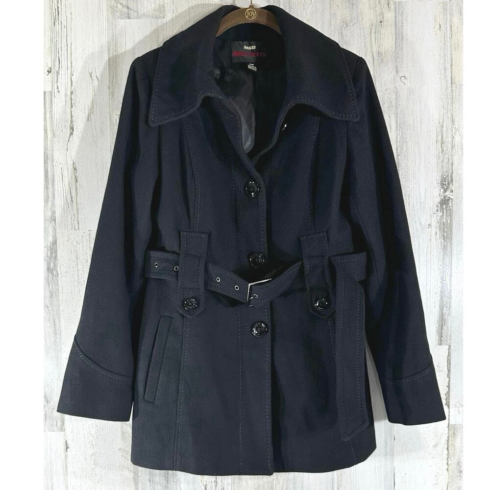 M60 Miss Sixty‎ Coat Size Medium Black Wool Blend Button Up Belted